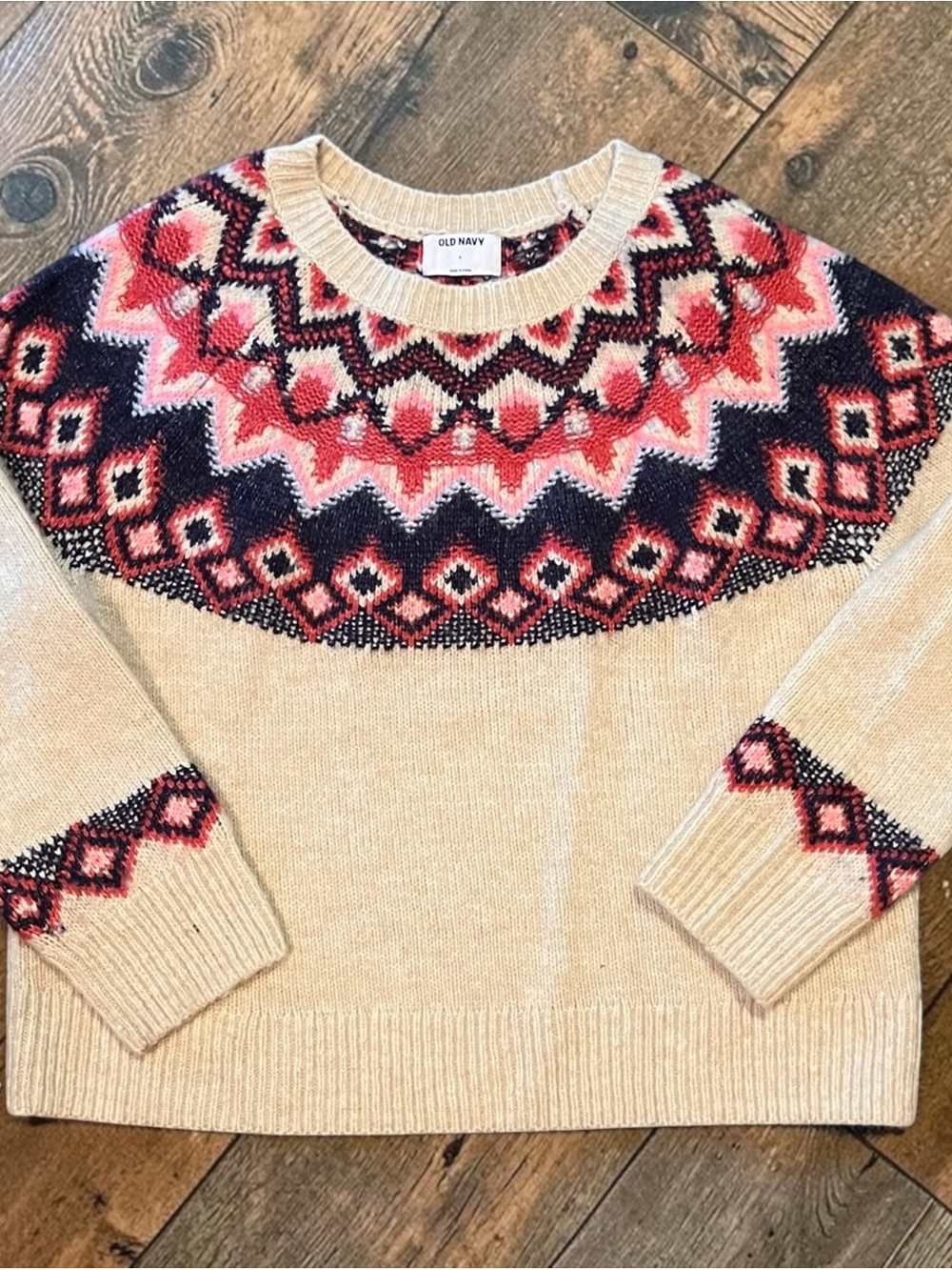Old Navy Cream Crewneck Sweater with Pink & Navy Fair Isle Yoke